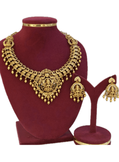Premium Gold-Plated Lakshmi Temple Necklace Set with Matching Chandbali Earrings