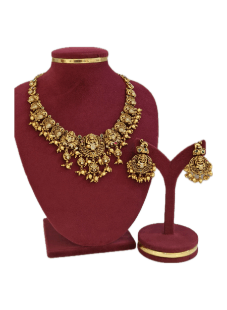 Traditional Antique Gold Lakshmi Temple Necklace Set with ball Drops & Matching Earrings