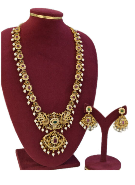 Antique Gold Plated Bridal Jewelry Set with Pearls and Traditional Motifs